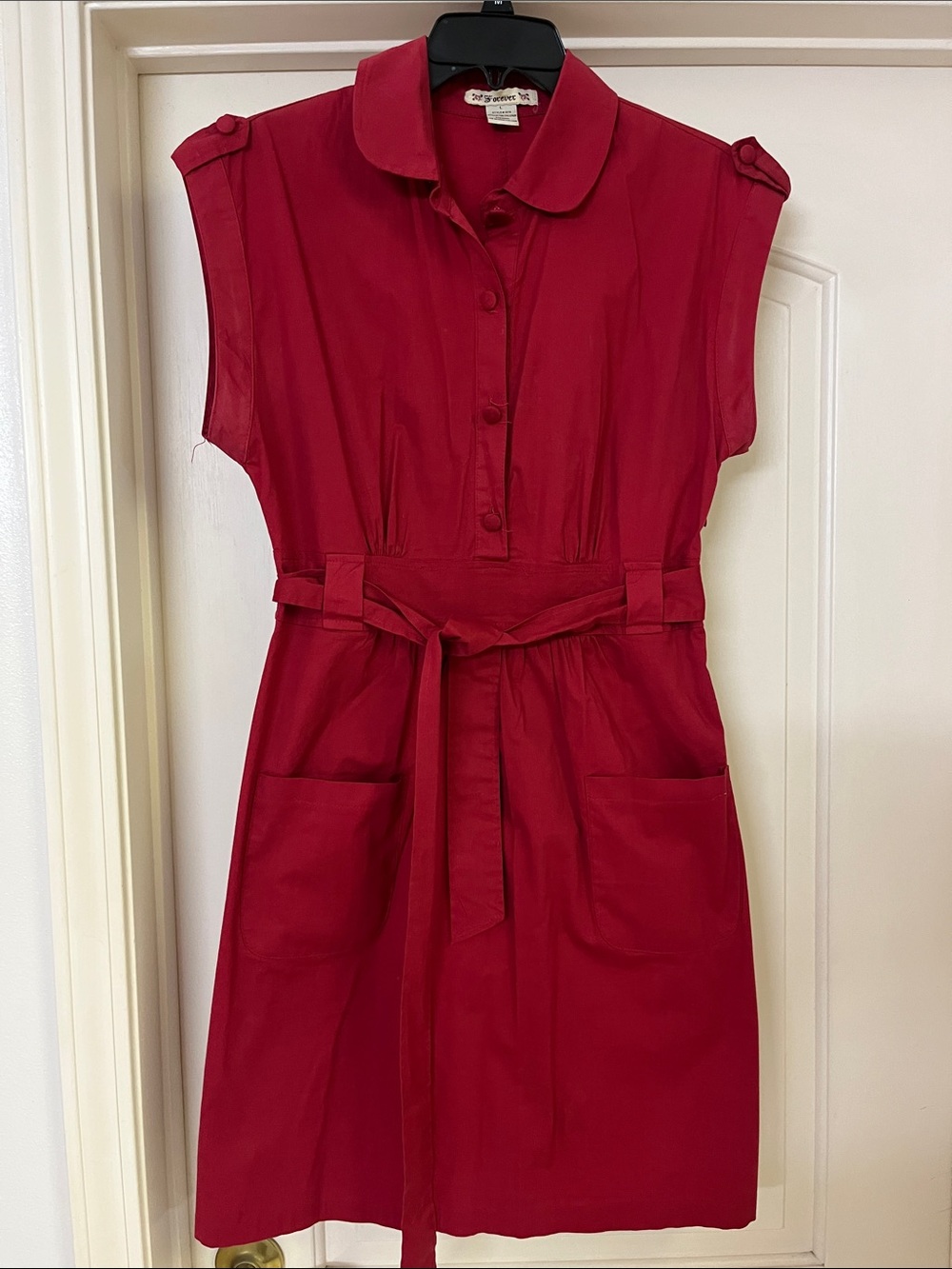 Red Sleeveless Shirt Dress with Tie Waist
